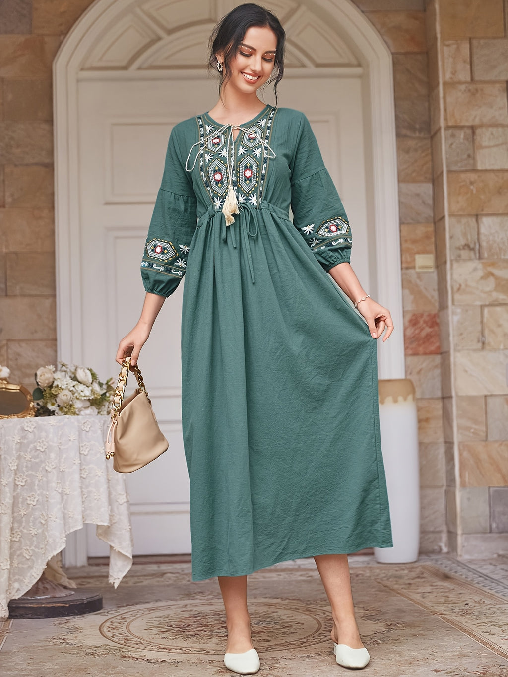 Embroidered Cotton Dress Women | Tie Neck Floral Boho Long Dress with Lantern Sleeves