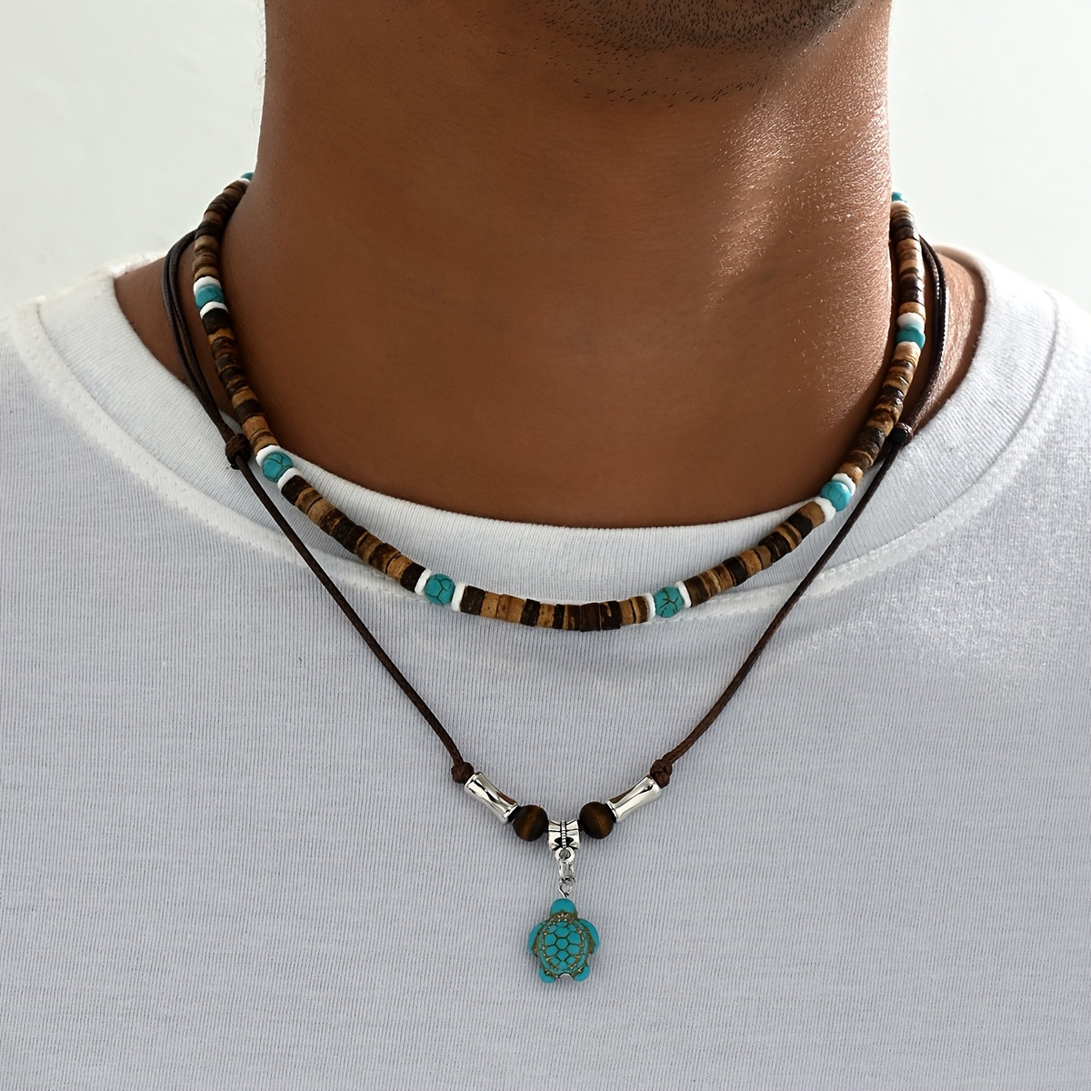 Men’s Bohemian Turtle Beaded Necklace Set (2pcs) – Wooden Beads with Turquoise; Coral Accents, December Birthstone Gift Jewelry