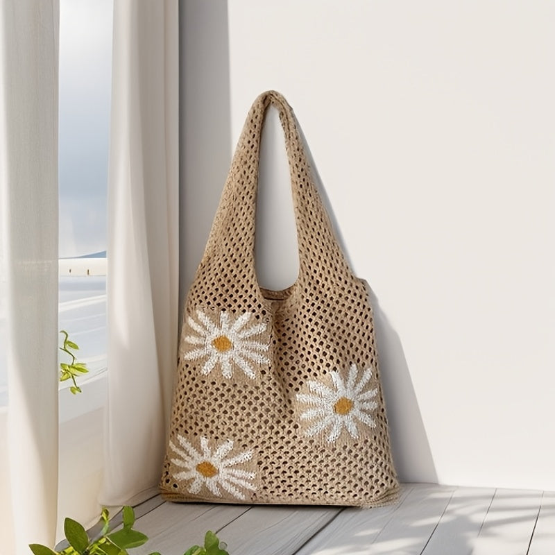 *Knitted Chrysanthemum Pattern Shoulder Bag – Jacquard Woven Floral Tote Bag for Women Casual Boho Style