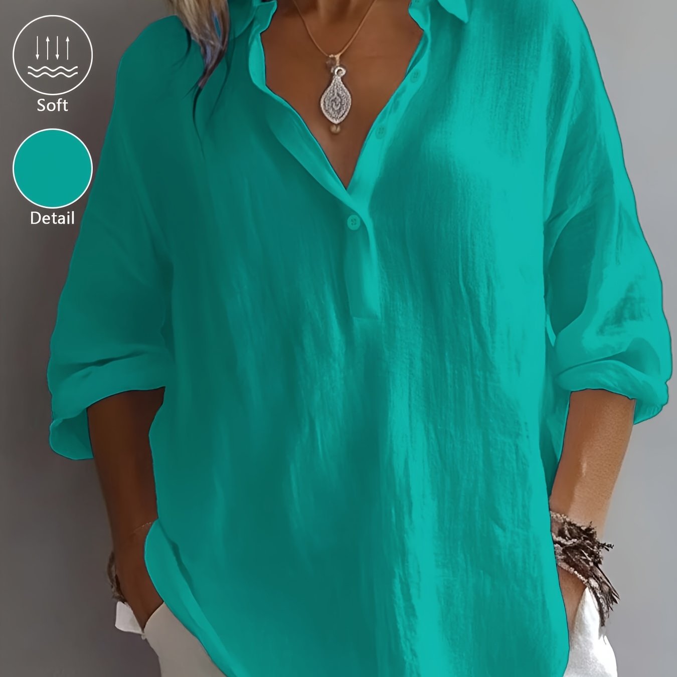 Women’s Classic Cotton Shirt – 3/4 Sleeve Button-Up Lapel Collar Blouse for Office & Casual Wear