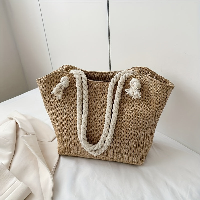 Large Capacity Woven Beach Tote Bag – Solid Color Pastoral Style Shoulder Bag for Vacation & Summer Travel