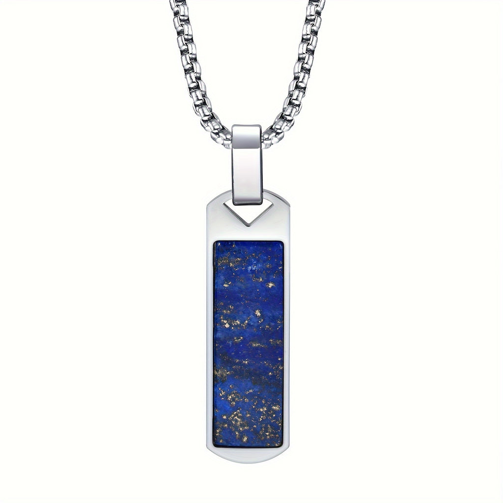 Men’s Natural Lapis Lazuli Bar Pendant Necklace – 304 Stainless Steel Rectangular Stone Jewelry Gift