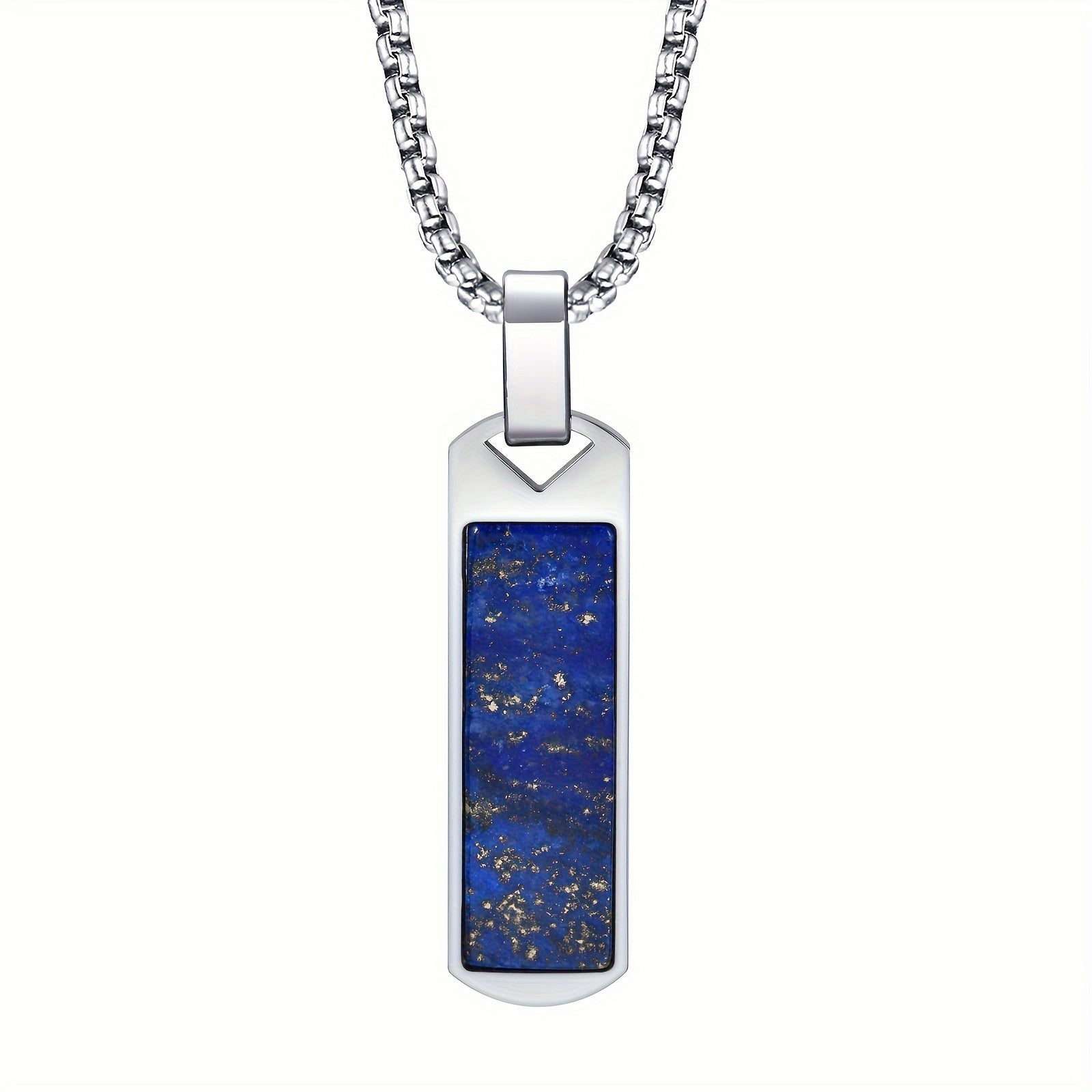 *Men’s Natural Lapis Lazuli Bar Pendant Necklace – 304 Stainless Steel Rectangular Stone Jewelry Gift