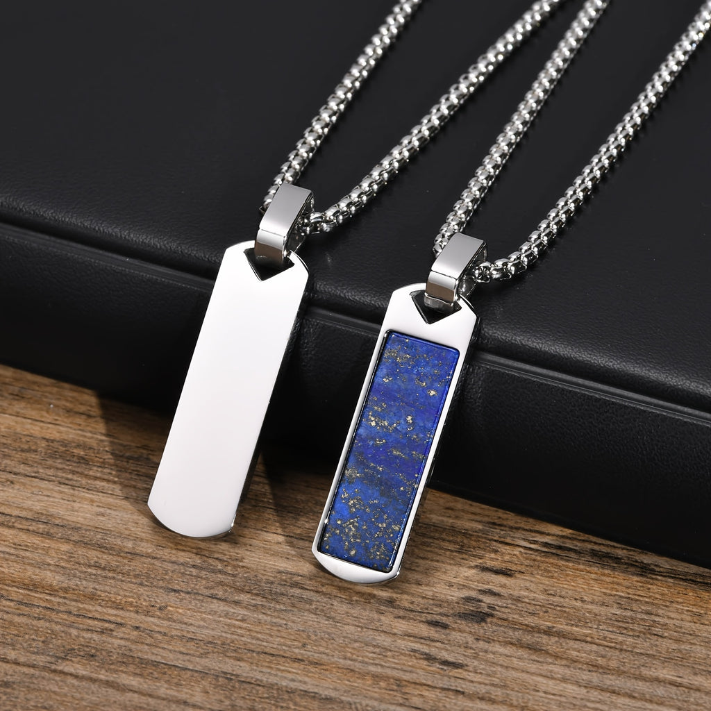 Men’s Natural Lapis Lazuli Bar Pendant Necklace – 304 Stainless Steel Rectangular Stone Jewelry Gift