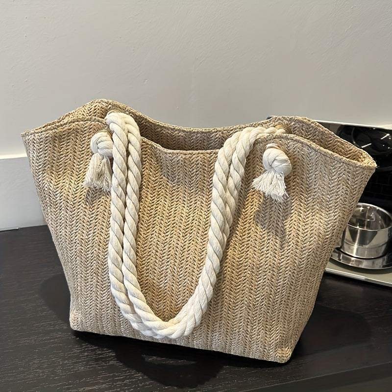 Large Capacity Woven Beach Tote Bag – Solid Color Pastoral Style Shoulder Bag for Vacation & Summer Travel