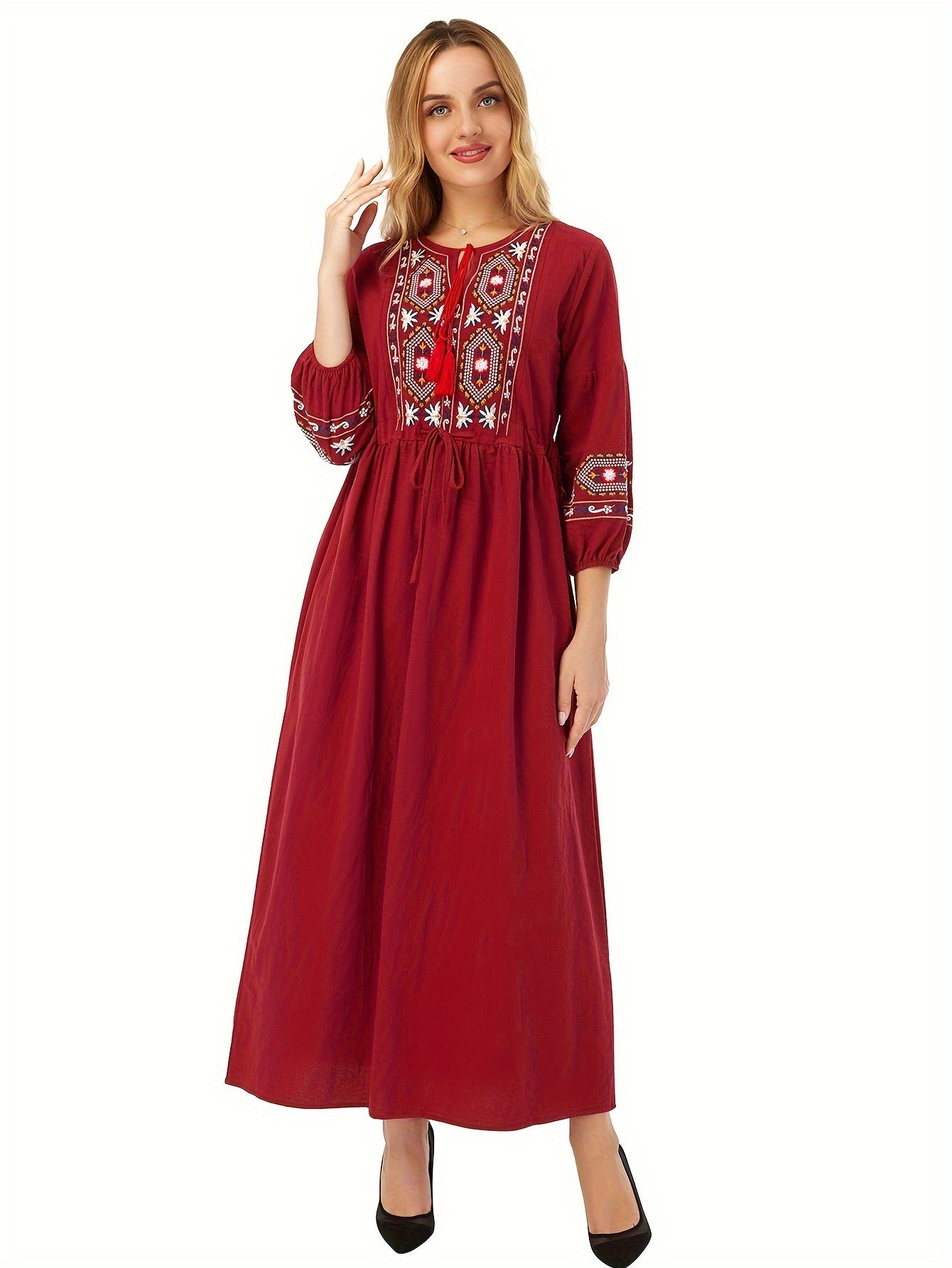 Embroidered Cotton Dress Women | Tie Neck Floral Boho Long Dress with Lantern Sleeves