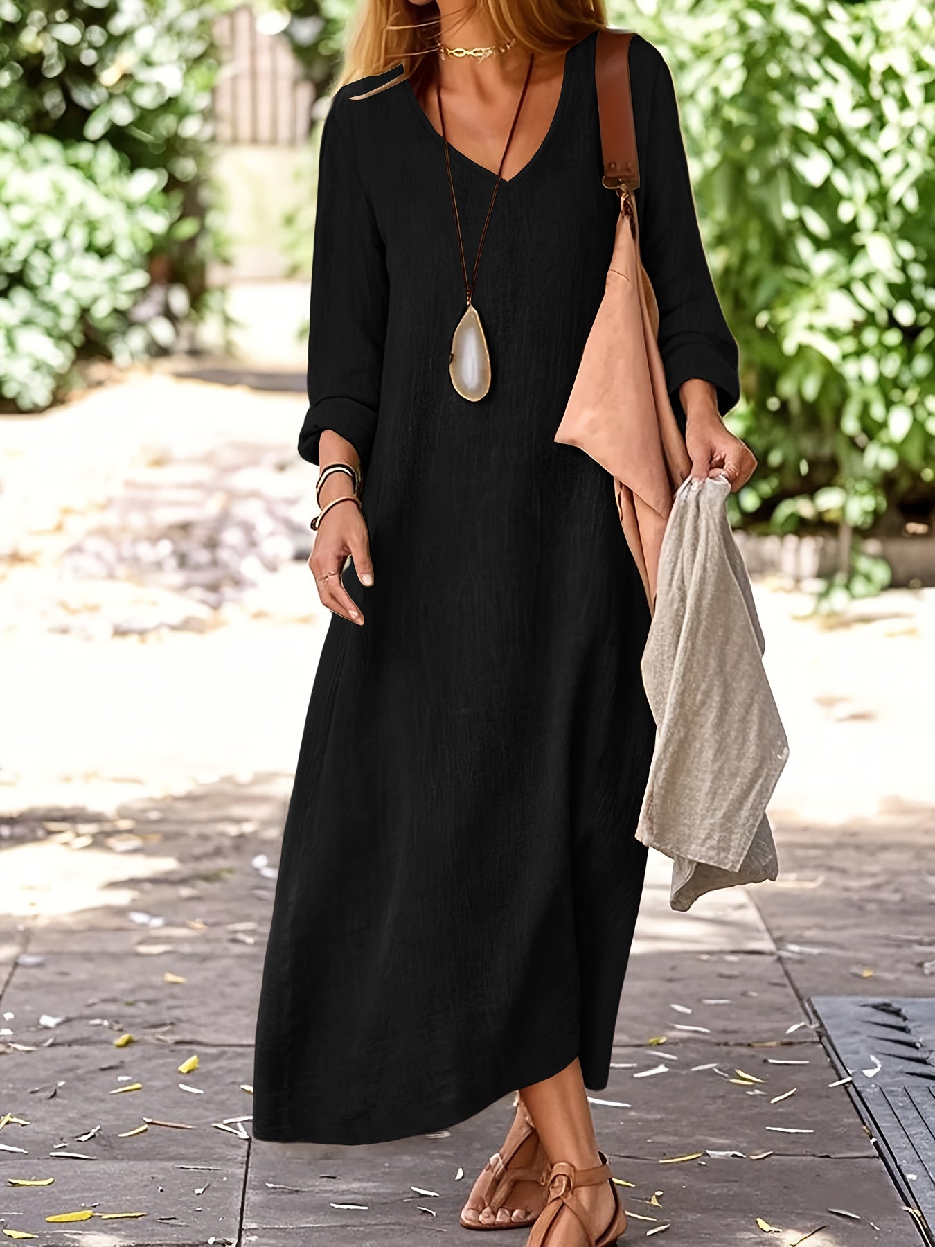 Linen V Neck Dress Women | Spring Autumn Long Sleeve Casual Vacation Dress Elegant A-Line