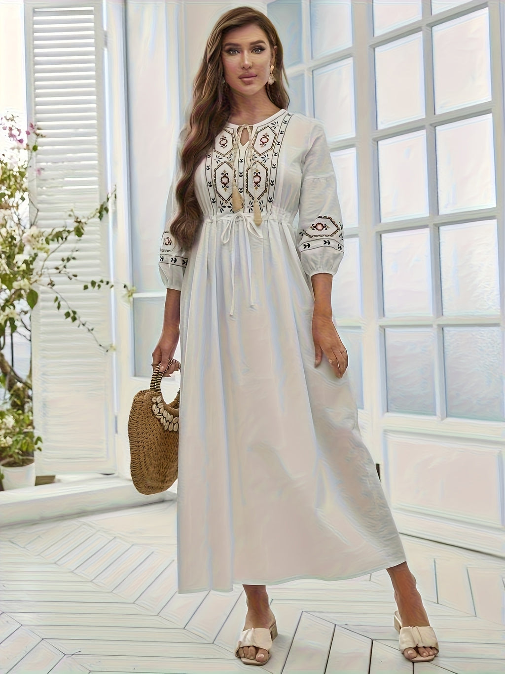 Embroidered Cotton Dress Women | Tie Neck Floral Boho Long Dress with Lantern Sleeves