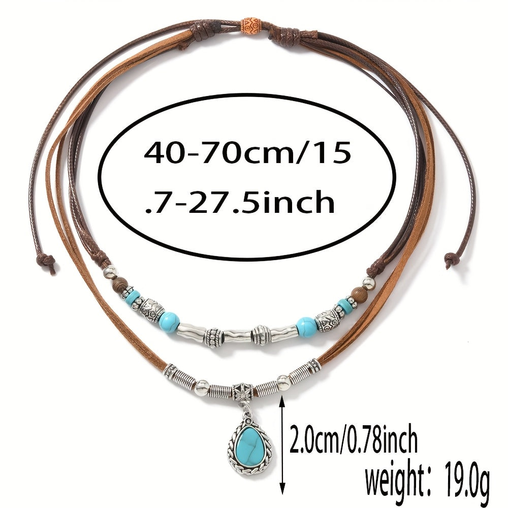 Bohemian Turquoise Multi-Layer Necklace with Braided PU Cord – Women’s Alloy Pendant Jewelry