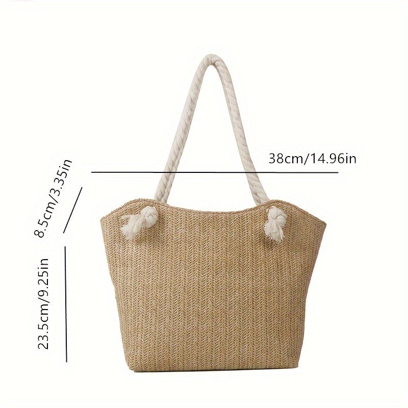 Large Capacity Woven Beach Tote Bag – Solid Color Pastoral Style Shoulder Bag for Vacation & Summer Travel