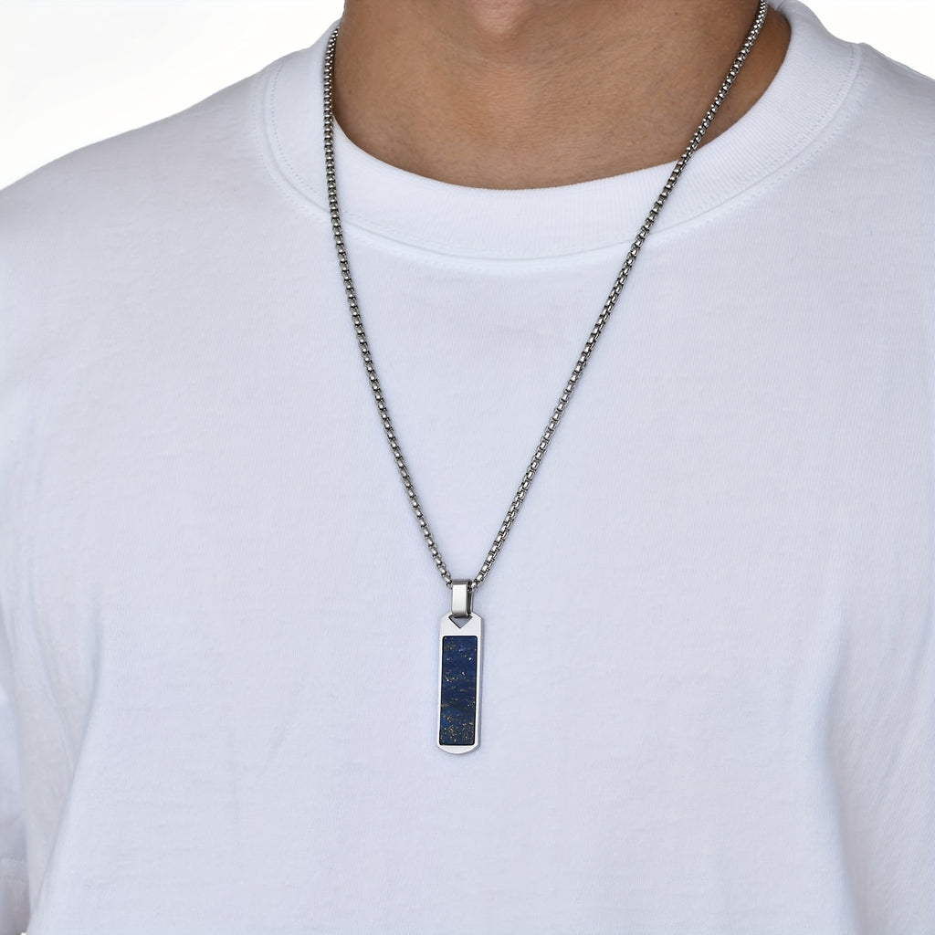 Men’s Natural Lapis Lazuli Bar Pendant Necklace – 304 Stainless Steel Rectangular Stone Jewelry Gift