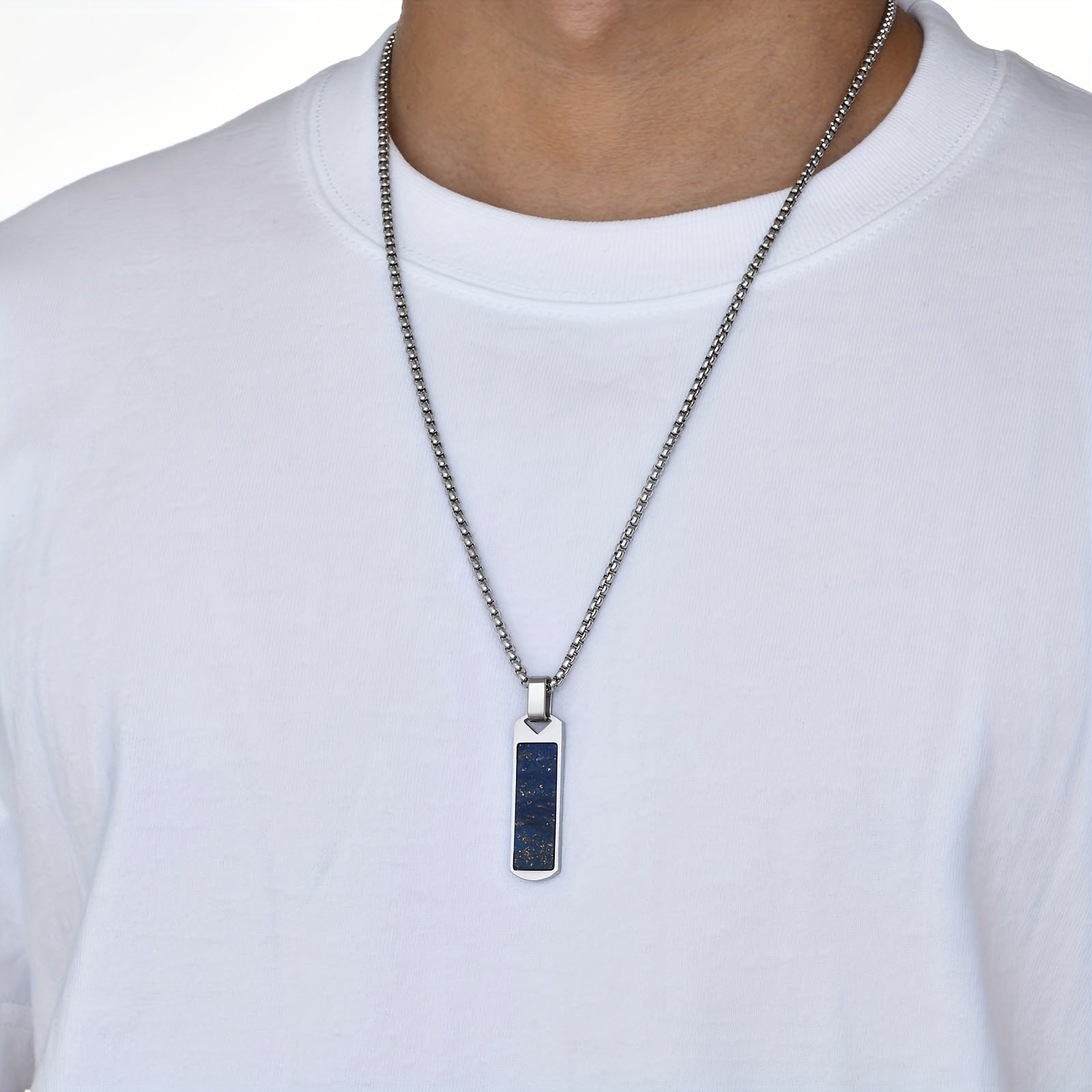 Men’s Natural Lapis Lazuli Bar Pendant Necklace – 304 Stainless Steel Rectangular Stone Jewelry Gift