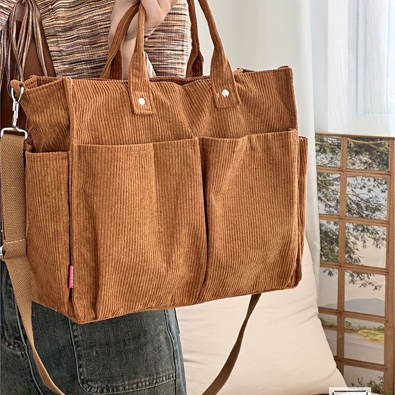 Japanese Style Corduroy Tote Bag with Multiple Pockets – Large Capacity Casual Commuter Shoulder Bag for Autumn, Winter