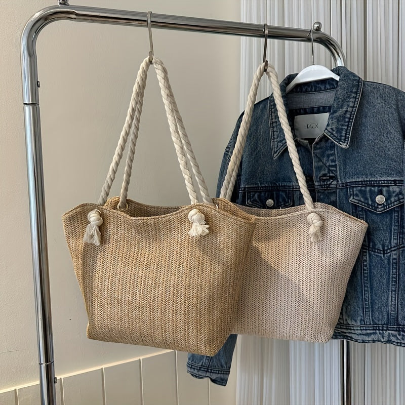 Large Capacity Woven Beach Tote Bag – Solid Color Pastoral Style Shoulder Bag for Vacation & Summer Travel