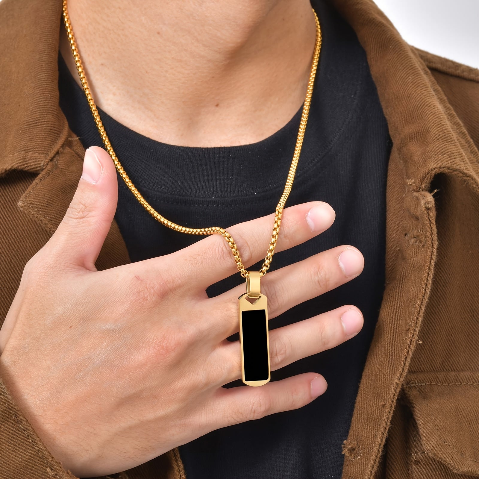 *Men’s Natural Lapis Lazuli Bar Pendant Necklace – 304 Stainless Steel Rectangular Stone Jewelry Gift