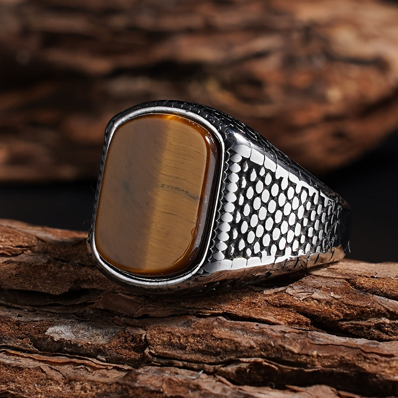 Men’s Vintage 316L Stainless Steel Ring with Natural Tiger’s Eye Stone – Durable Statement Signet Ring for Casual Formal Wear
