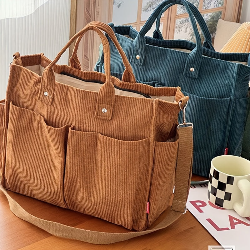 Japanese Style Corduroy Tote Bag with Multiple Pockets – Large Capacity Casual Commuter Shoulder Bag for Autumn, Winter
