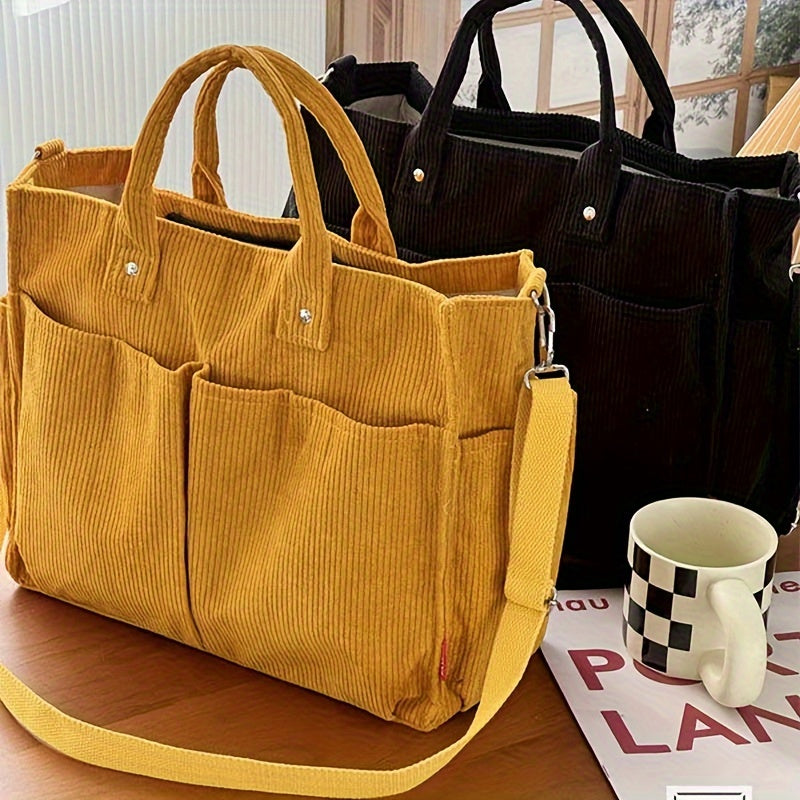 Japanese Style Corduroy Tote Bag with Multiple Pockets – Large Capacity Casual Commuter Shoulder Bag for Autumn, Winter