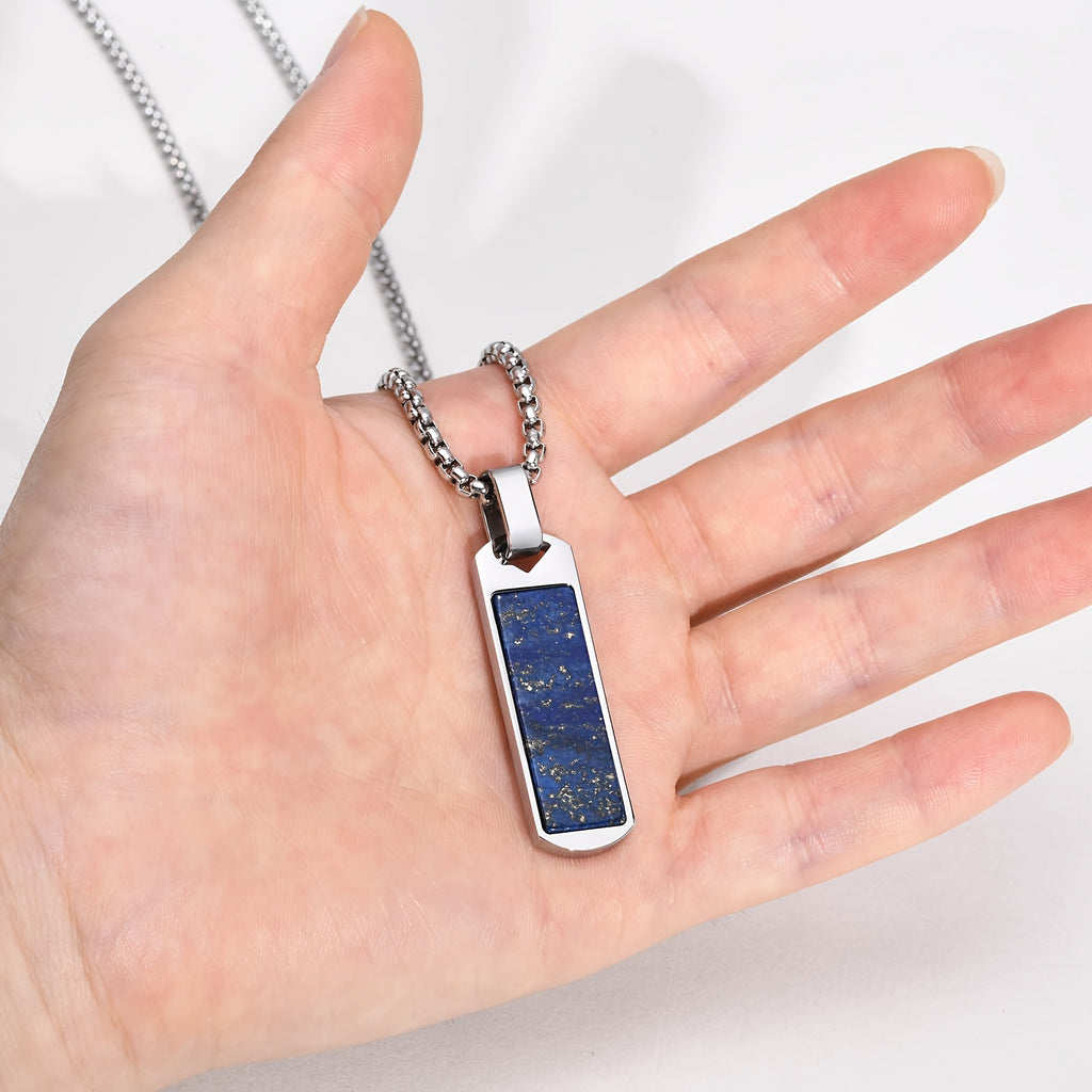 Men’s Natural Lapis Lazuli Bar Pendant Necklace – 304 Stainless Steel Rectangular Stone Jewelry Gift