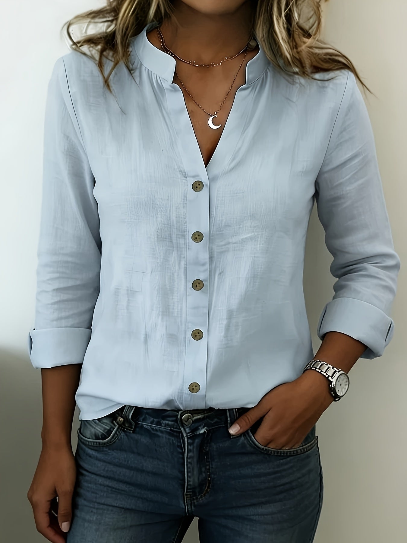 Women’s Vintage French Linen Shirt – Long Sleeve V-Neck Button-Up Loose Fit Casual Top for All Seasons