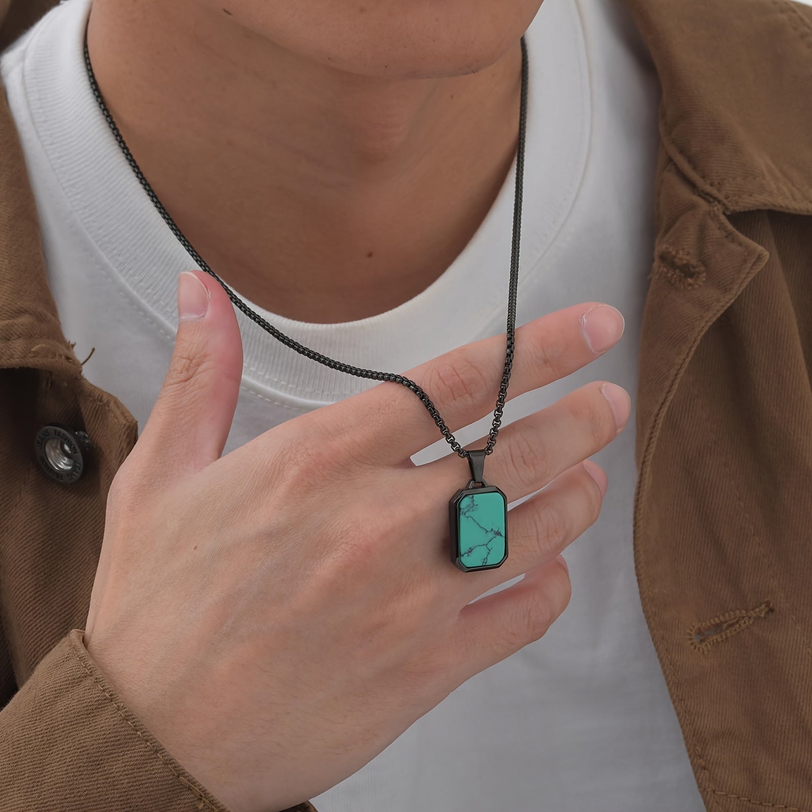 *Men’s 3D Rectangular Natural Stone Pendant Necklace – Green & Brown Geometric Stainless Steel Jewelry | Fashion Gift for Him