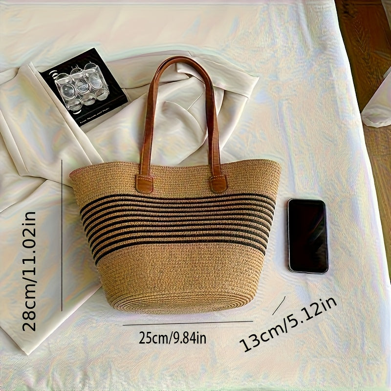 Large Capacity Straw Beach Bag – Handwoven Striped Summer Tote Bag for Vacation & Travel