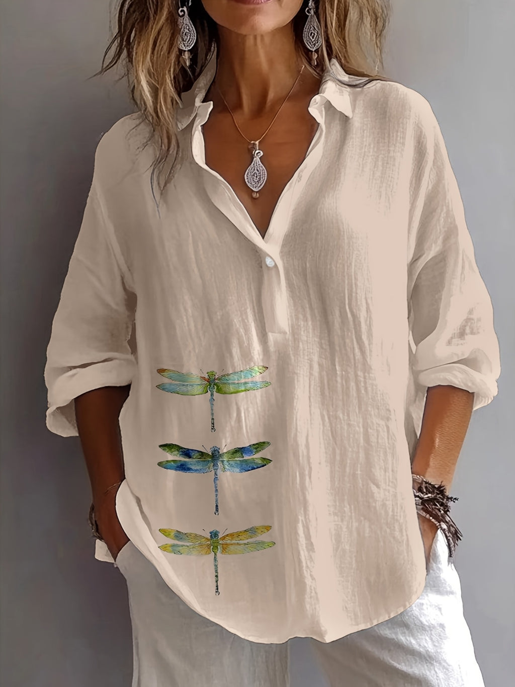 Women’s Cotton Dragonfly Cardigan Top – Button Front Loose Fit Casual Lightweight Knit for All Seasons
