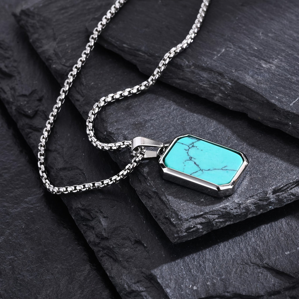 *Men’s 3D Rectangular Natural Stone Pendant Necklace – Green & Brown Geometric Stainless Steel Jewelry | Fashion Gift for Him