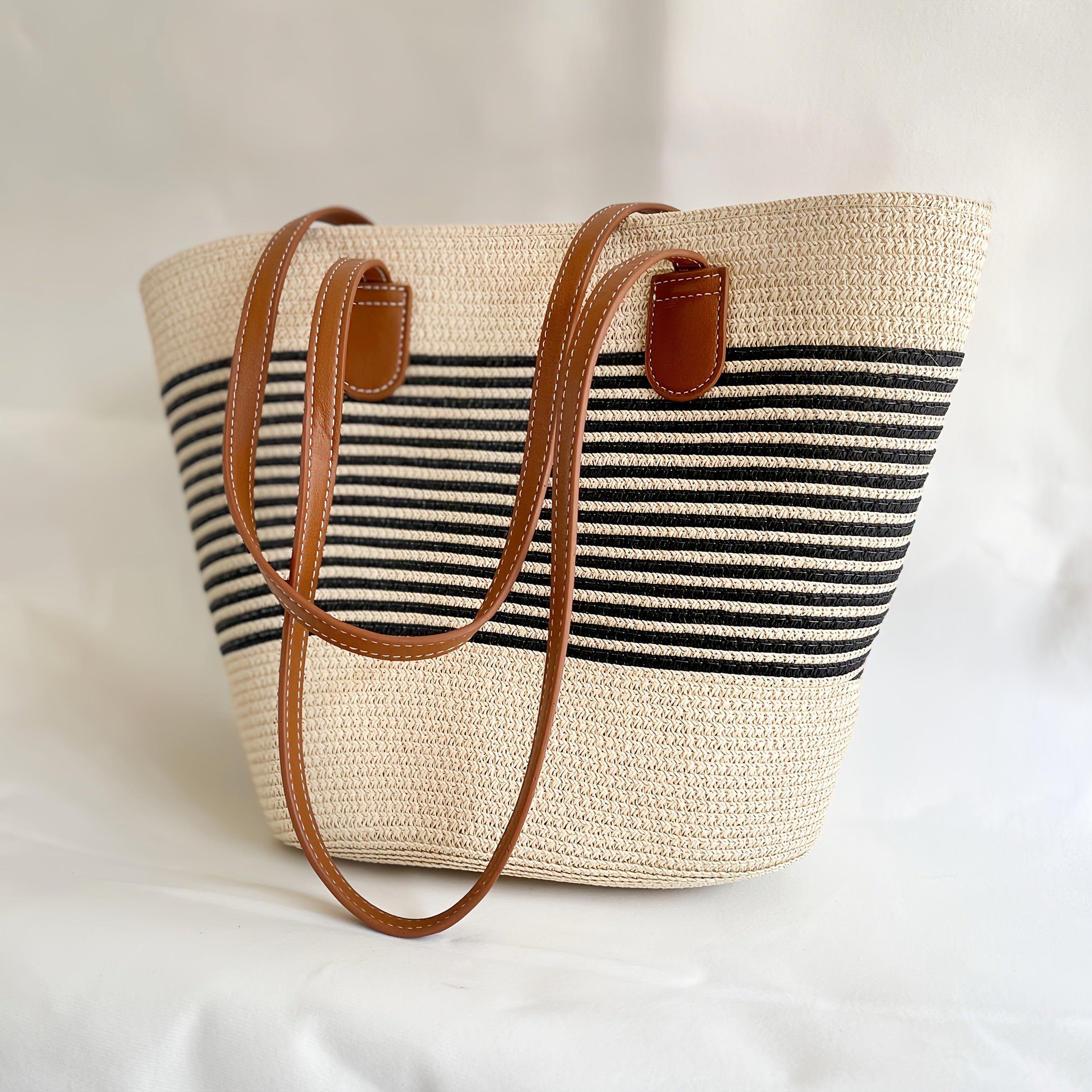 Large Capacity Straw Beach Bag – Handwoven Striped Summer Tote Bag for Vacation & Travel