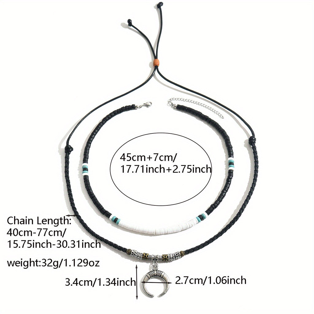 2PCS Men’s Crescent Moon Wooden Bead Necklace Set – Trendy Boho Moon Pendant Style Wood Bead Fashion Necklace