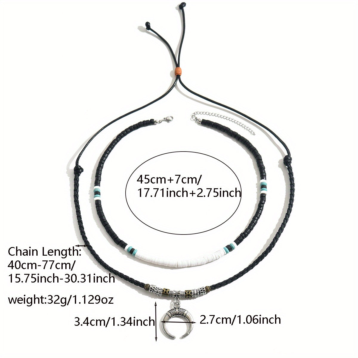 2PCS Men’s Crescent Moon Wooden Bead Necklace Set – Trendy Boho Moon Pendant Style Wood Bead Fashion Necklace