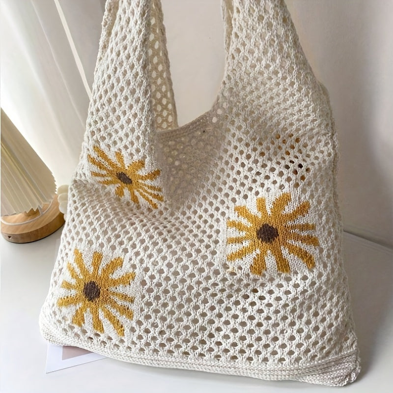 *Knitted Chrysanthemum Pattern Shoulder Bag – Jacquard Woven Floral Tote Bag for Women Casual Boho Style