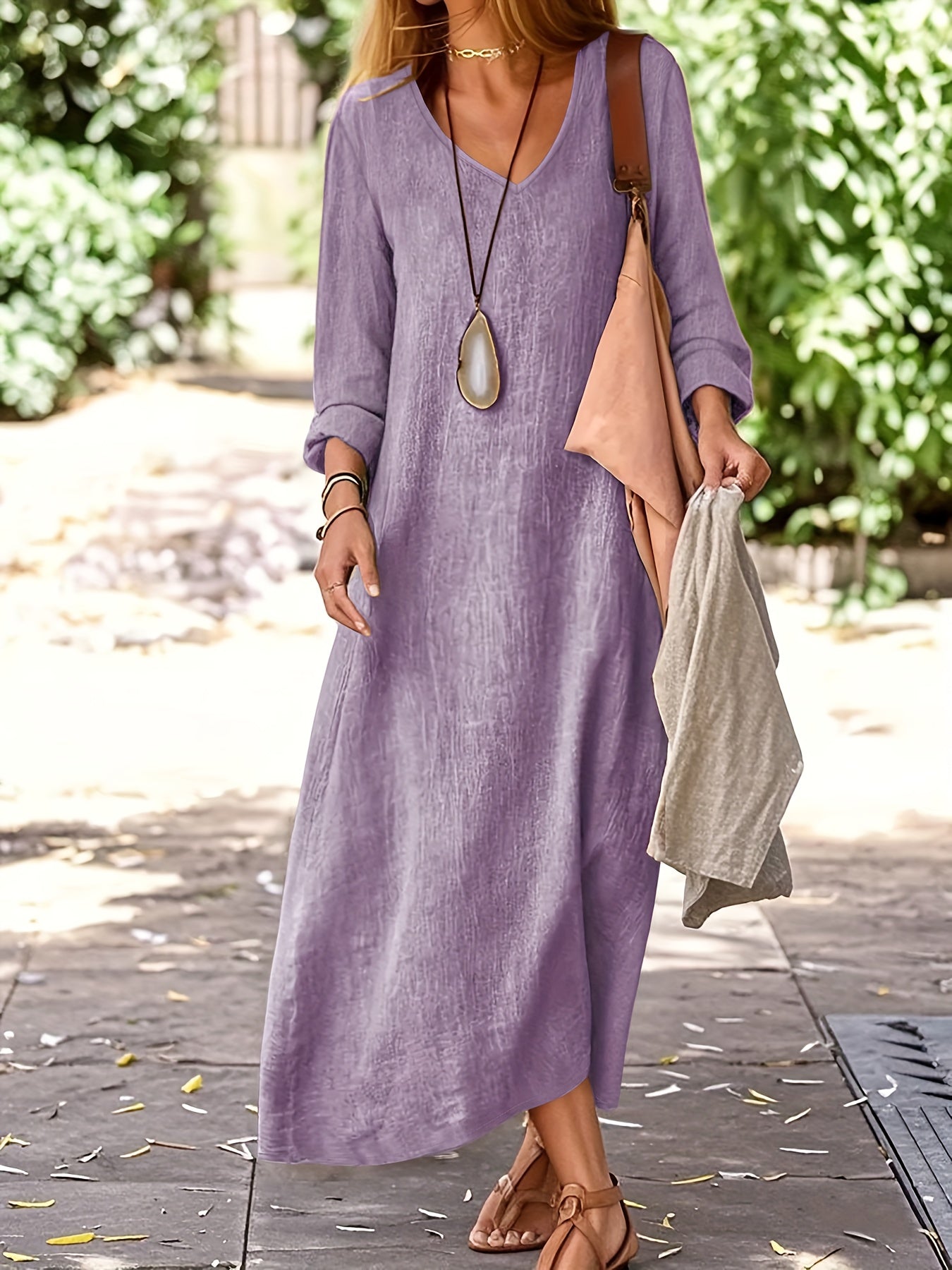 Linen V Neck Dress Women | Spring Autumn Long Sleeve Casual Vacation Dress Elegant A-Line