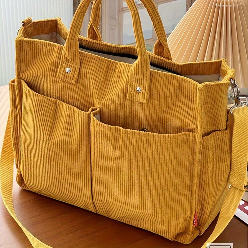 Japanese Style Corduroy Tote Bag with Multiple Pockets – Large Capacity Casual Commuter Shoulder Bag for Autumn, Winter